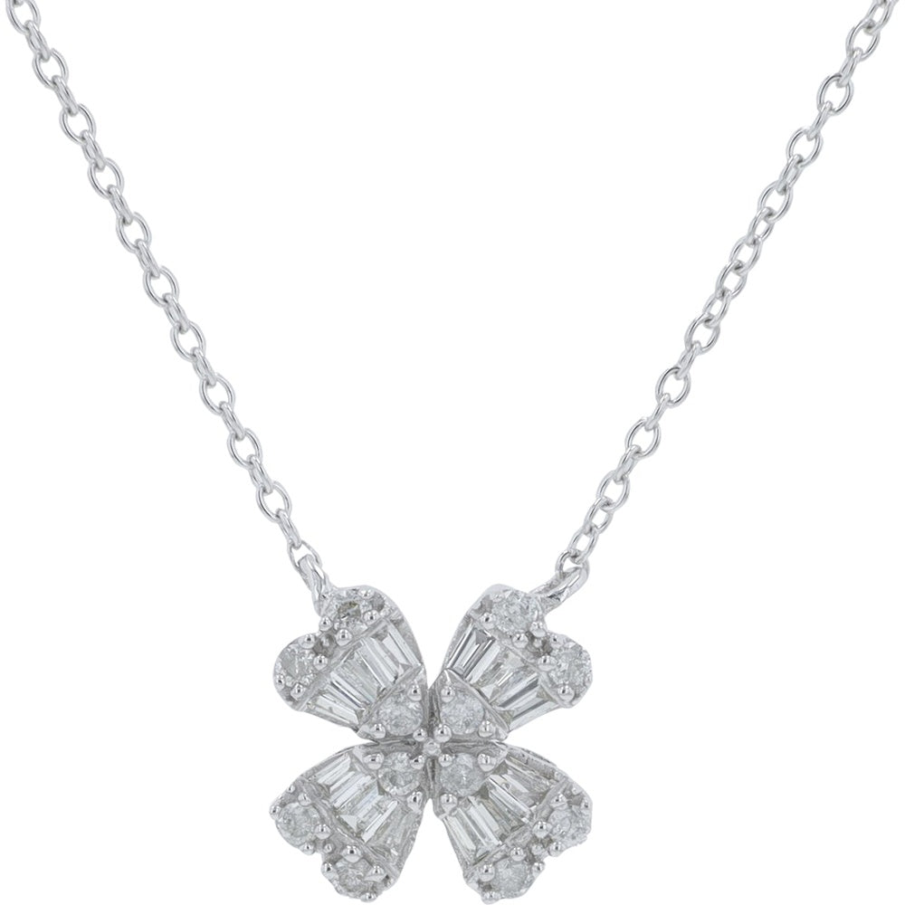 14K White Gold Four-Leaf Clover Pendant Necklace with Baguette and Round Diamonds - 0.20 Carat Total Diamond Weight