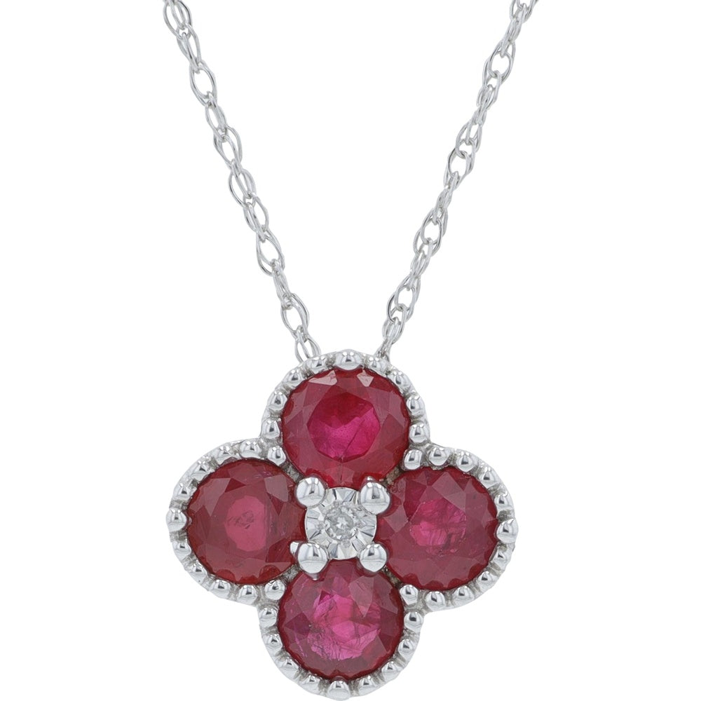 14K White Gold Four-Leaf Clover Pendant with Round Rubies and Milgrain Detail - 0.01 Carat Diamond Accent