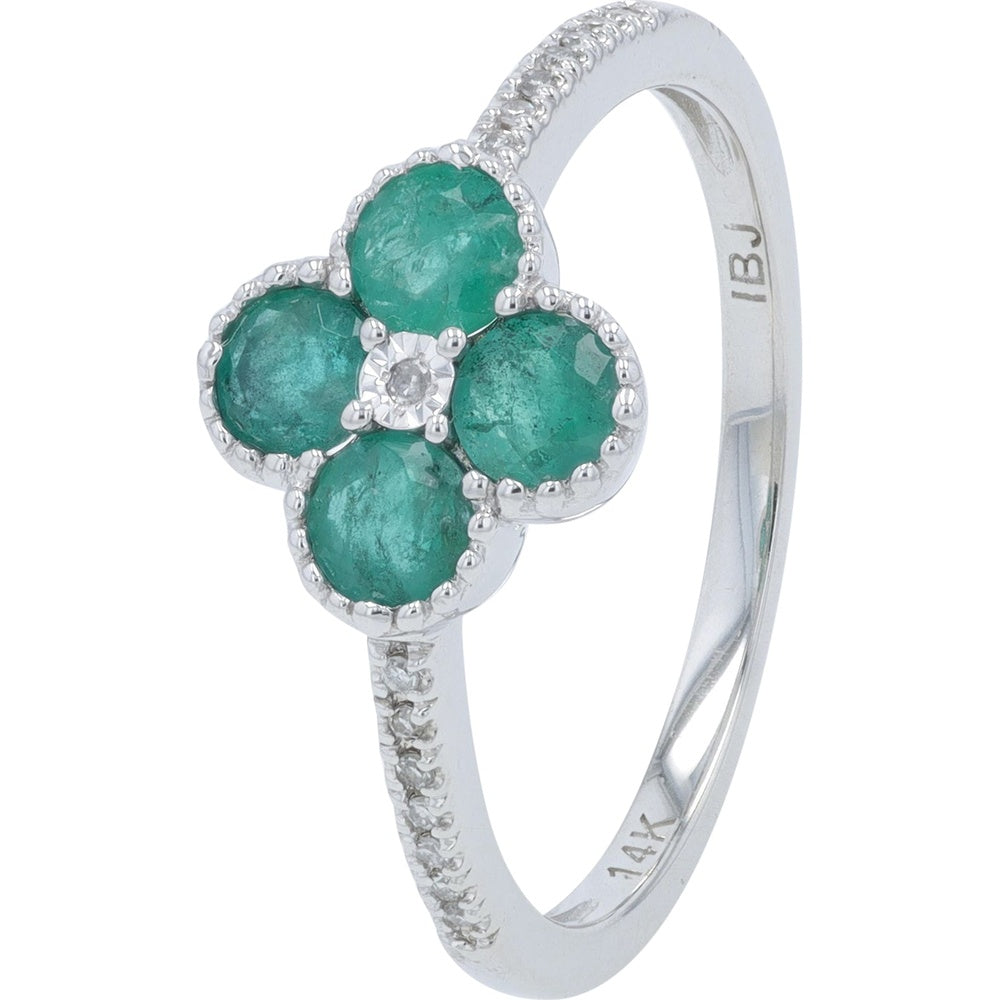 14K White Gold Four-Leaf Clover Ring with Round Emeralds and Diamond Center - 1.40 Carat Total Emerald Weight