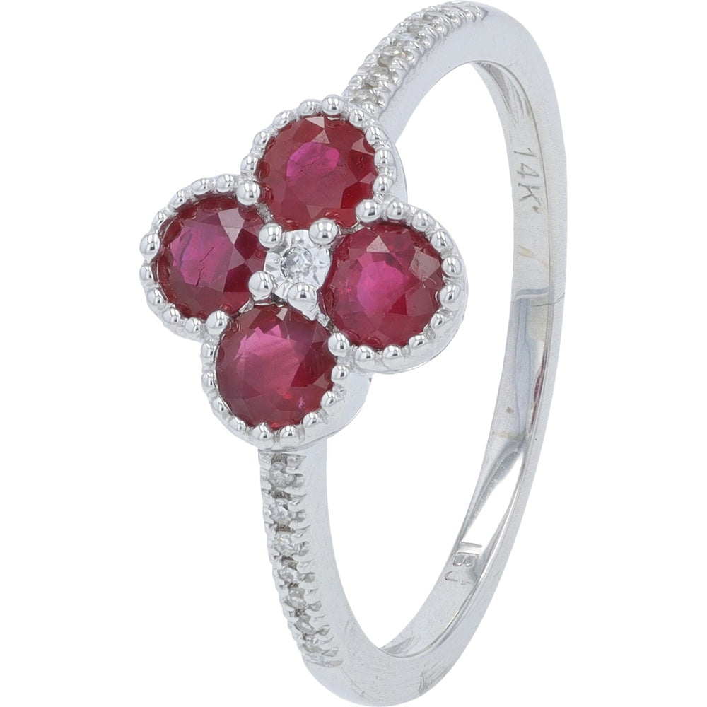 14K White Gold Four-Leaf Clover Ring with Round Rubies and Diamond Center Accent - 1.00-1.40 Carat Total Ruby Weight
