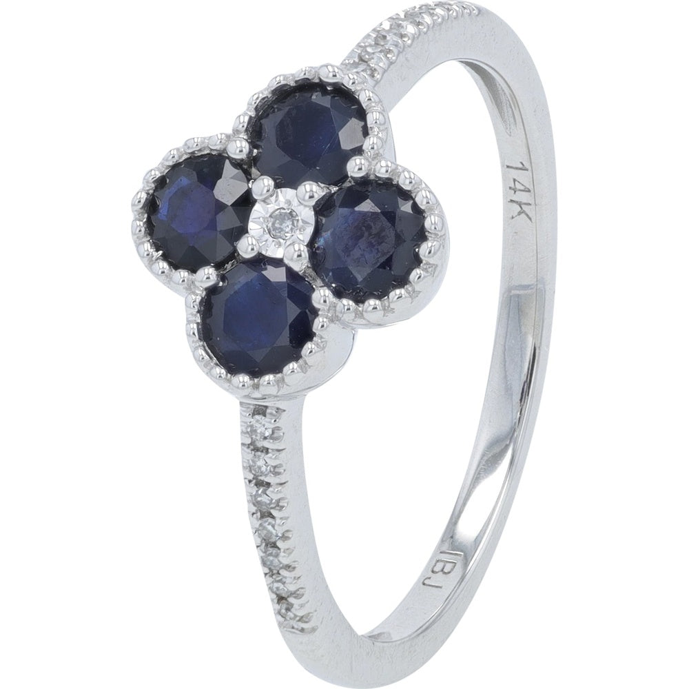 14K White Gold Four-Leaf Clover Ring with Round Sapphires and Diamond Center Accent - 1.00-1.40 Carat Total Sapphire Weight, 0.04 Carat Diamond Weight