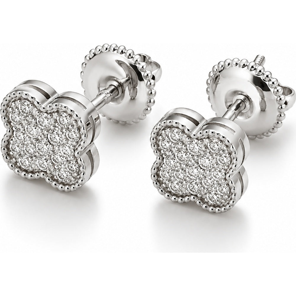 14K White Gold Four-Leaf Clover Stud Earrings with Pavé Set Round Diamonds - 0.35 Carat Total Diamond Weight by Auriventus