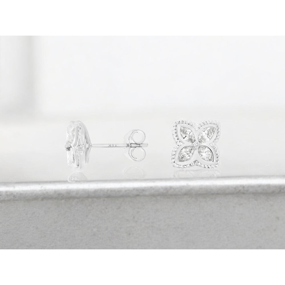 14K White Gold Four-Leaf Clover Stud Earrings with Pear and Round Diamonds - 0.50 Carat Total Diamond Weight - Royal Jewelry