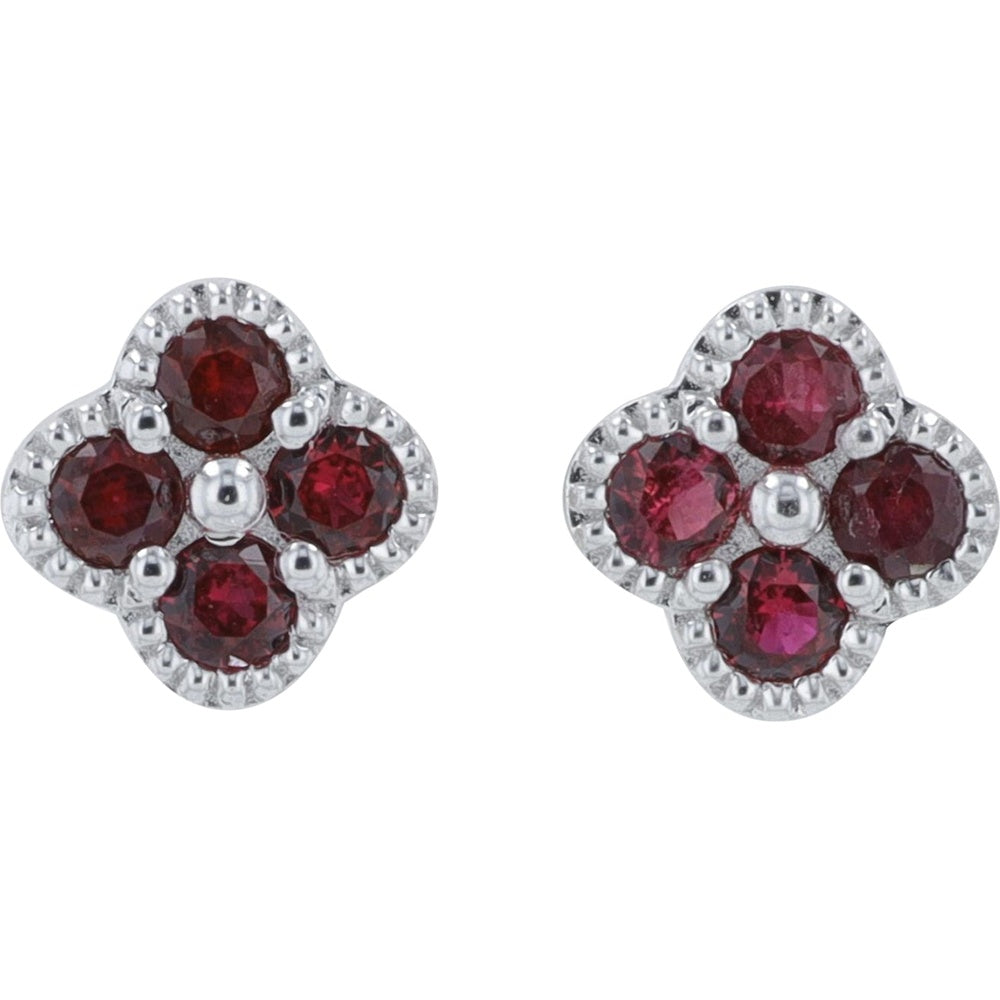 14K White Gold Four-Leaf Clover Stud Earrings with Round Rubies and Milgrain Detail - 0.15 Carat Total Ruby Weight
