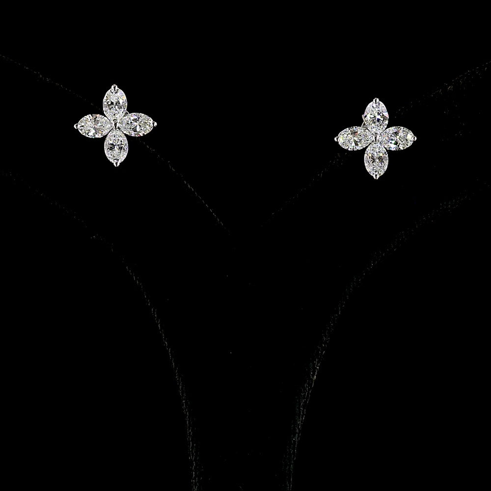 14K White Gold Four-Leaf Floral Stud Earrings with Marquise-Cut Lab Diamonds - 2.03 Carats Total Diamond Weight - Covaloro Fine Jewelry