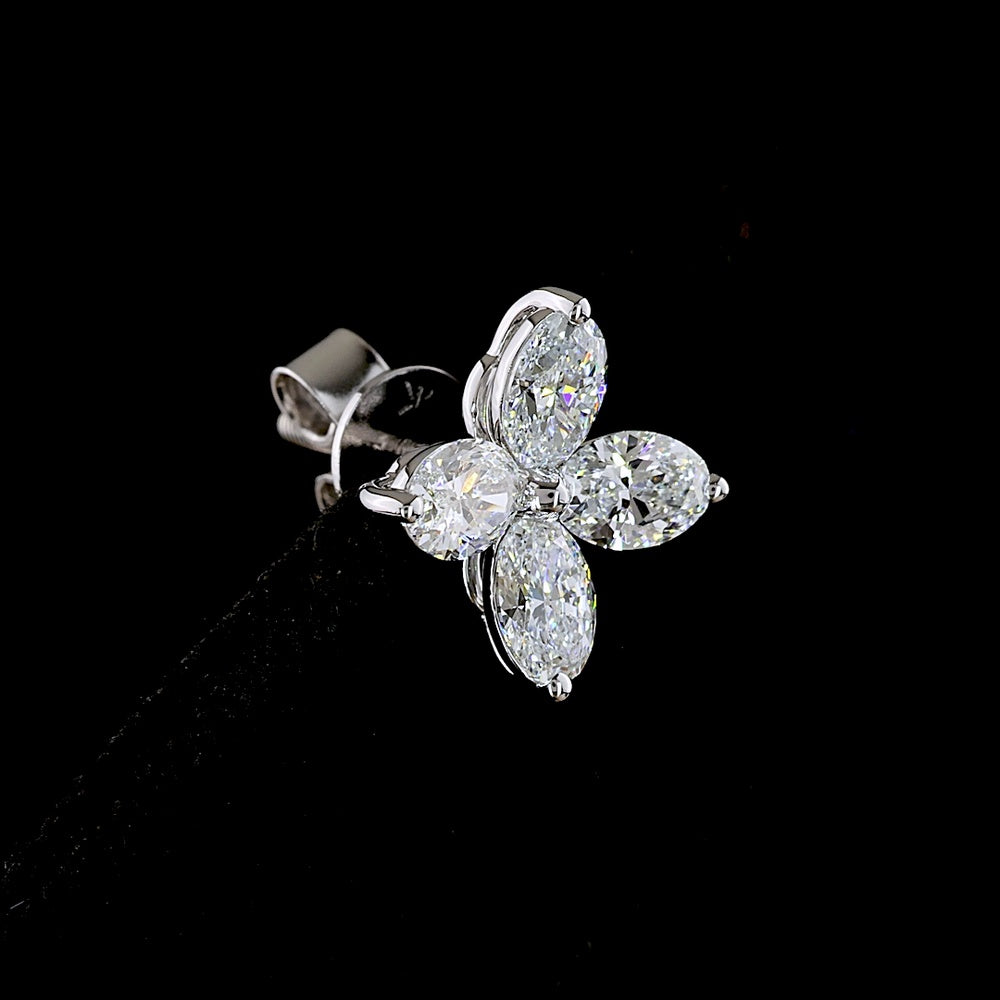 14K White Gold Four-Leaf Floral Stud Earrings with Marquise-Cut Lab Diamonds - 2.03 Carats Total Diamond Weight - Covaloro Fine Jewelry