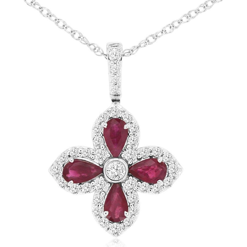 14K White Gold Four-Leaf Ruby Pendant with Bezel-Set Diamond Halo and Milgrain Detail - 0.90 Carat Total Ruby Weight and 0.40 Carat Diamond Weight - Royal Jewelry