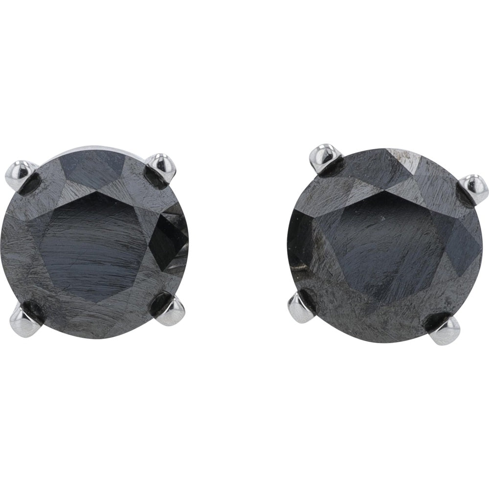 14K White Gold Four-Prong Set Round Black Diamond Stud Earrings - 3.00 Carat Total Diamond Weight