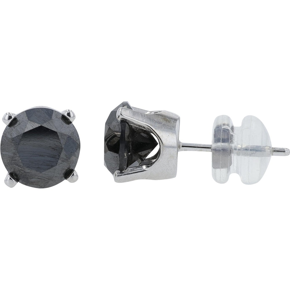 14K White Gold Four-Prong Set Round Black Diamond Stud Earrings - 3.00 Carat Total Diamond Weight