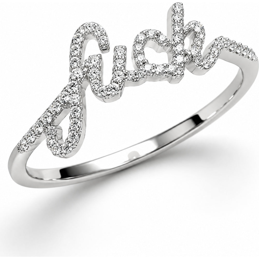 14K White Gold Free Form "Aloha" Script Ring with Pavé Set Round Diamonds - 0.09 Carat Total Diamond Weight by Auriventus