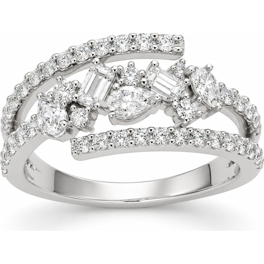 14K White Gold Free Form Bypass Fashion Ring with Marquise, Round, and Baguette Diamonds - 1.09 Carat Total Diamond Weight by Auriventus