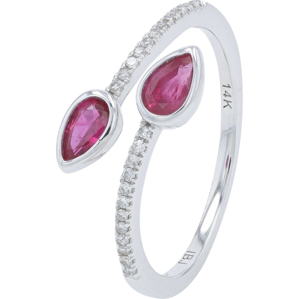 14K White Gold Free Form Bypass Ring with Bezel-Set Pear Rubies and Pavé Diamond Accents - 0.50 Carat Total Ruby Weight and 0.10 Carat Total Diamond Weight