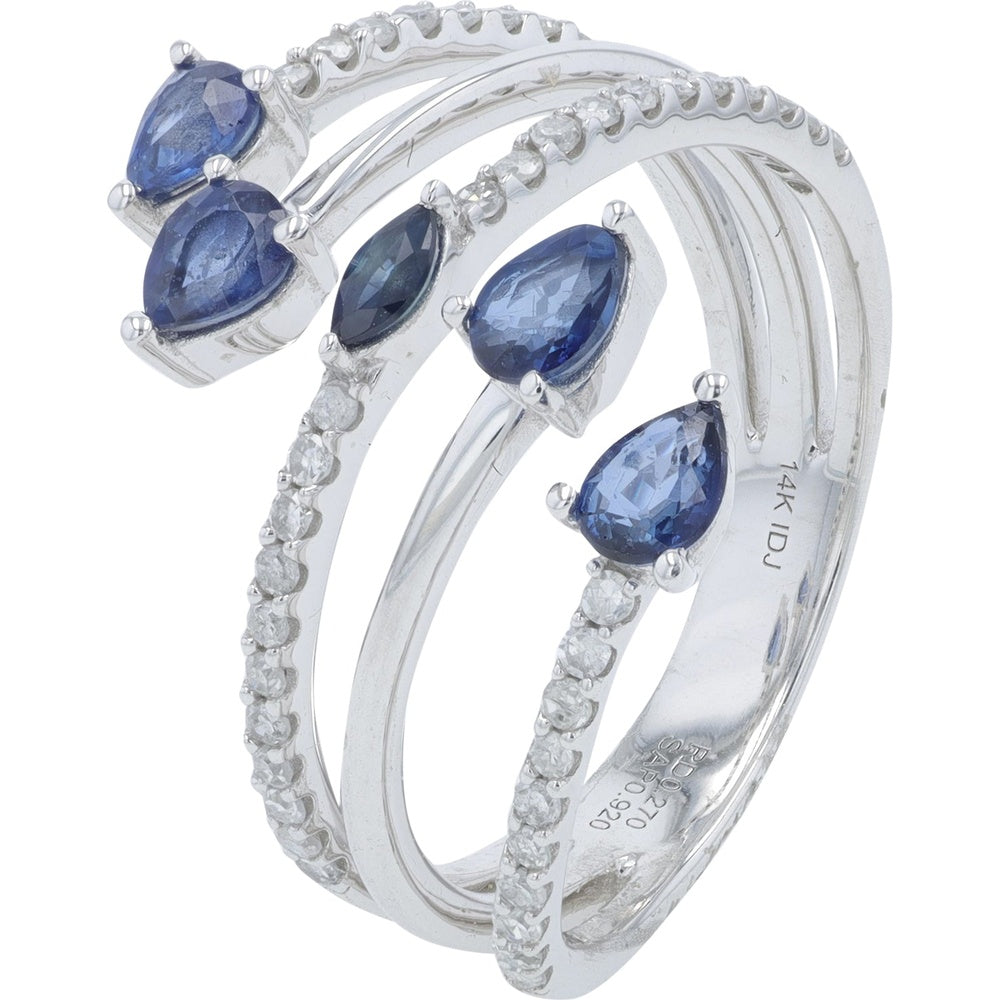 14K White Gold Free Form Bypass Ring with Pear-Cut Sapphires and Round Diamond Accents - 0.75-1.00 Carat Sapphire Weight and 0.30 Carat Diamond Weight