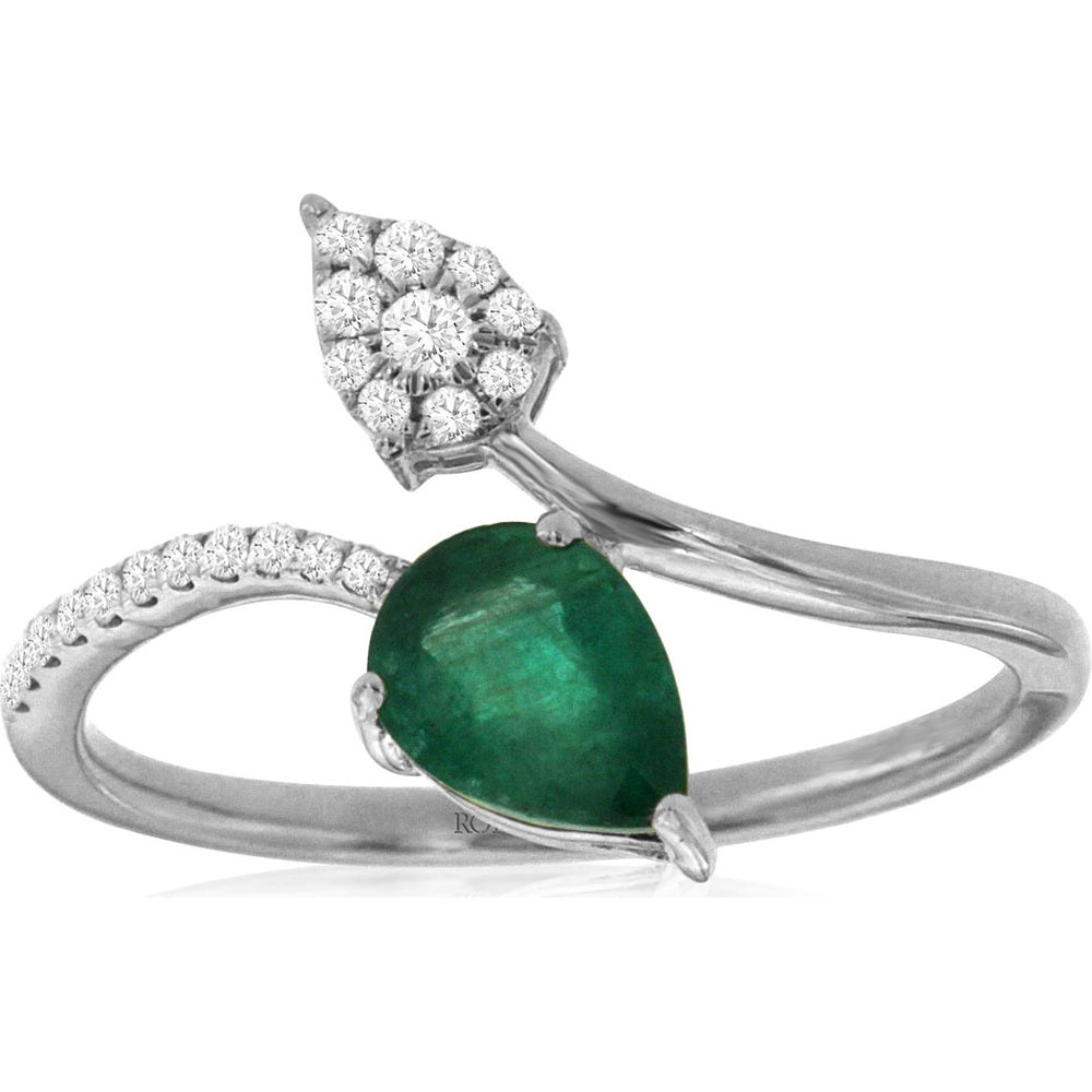 14K White Gold Free Form Bypass Ring with Pear Shaped Emerald and Leaf Diamond Cluster - 0.68 Carat Emerald and 0.12 Carat Total Diamond Weight - Royal Jewelry