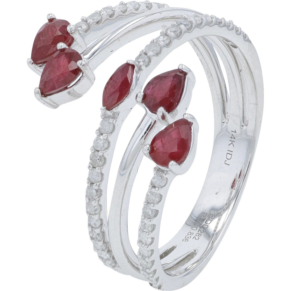 14K White Gold Free Form Bypass Ring with Pear-Shaped Rubies and Diamond Accents - 1.00 Carat Total Ruby Weight and 0.30 Carat Total Diamond Weight