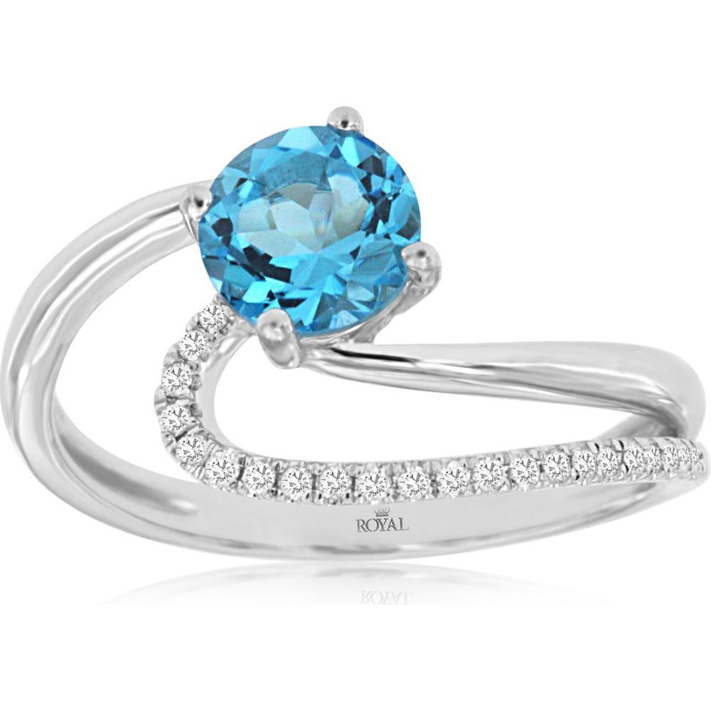 14K White Gold Free Form Bypass Ring with Round Blue Topaz and Pavé Set Diamonds - 1.00 Carat Blue Topaz and 0.10 Carat Total Diamond Weight - Royal Jewelry