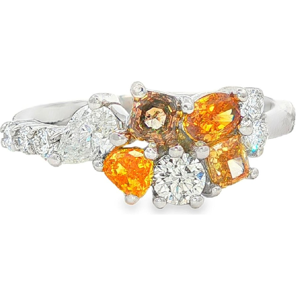 14K White Gold Free Form Cluster Fashion Ring with Pear, Cushion, and Round Diamonds and Orange Gemstones - 1.54 Carat Total Diamond Weight by Auriventus