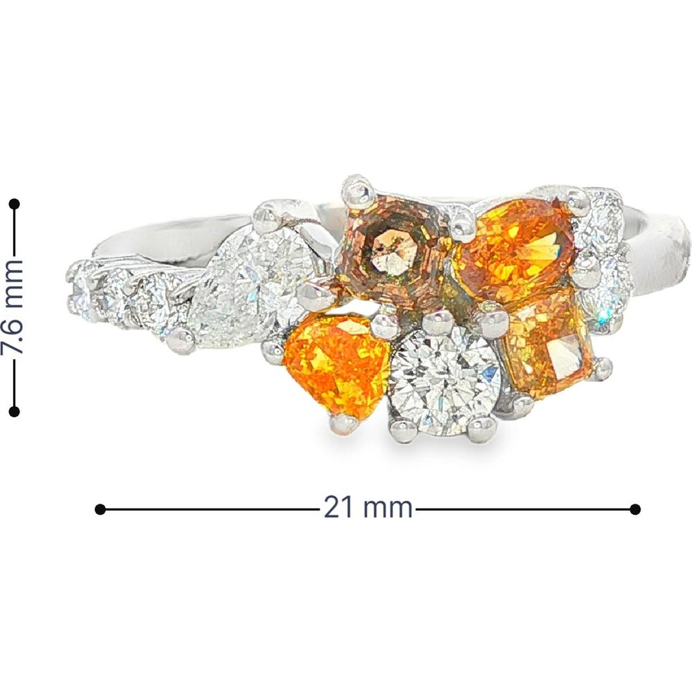 14K White Gold Free Form Cluster Fashion Ring with Pear, Cushion, and Round Diamonds and Orange Gemstones - 1.54 Carat Total Diamond Weight by Auriventus