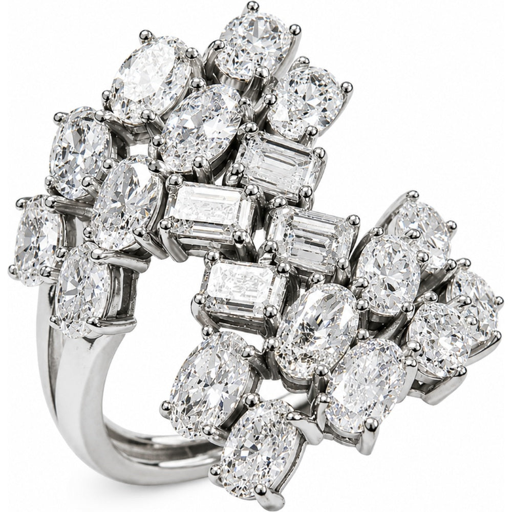 14K White Gold Free Form Cluster Ring with Emerald and Oval Cut Diamonds - 3.98 Carat Total Diamond Weight by Auriventus