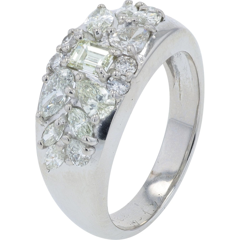 14K White Gold Free Form Cluster Ring with Emerald, Marquise, Pear, and Round Diamonds - 1.97 Carat Total Diamond Weight