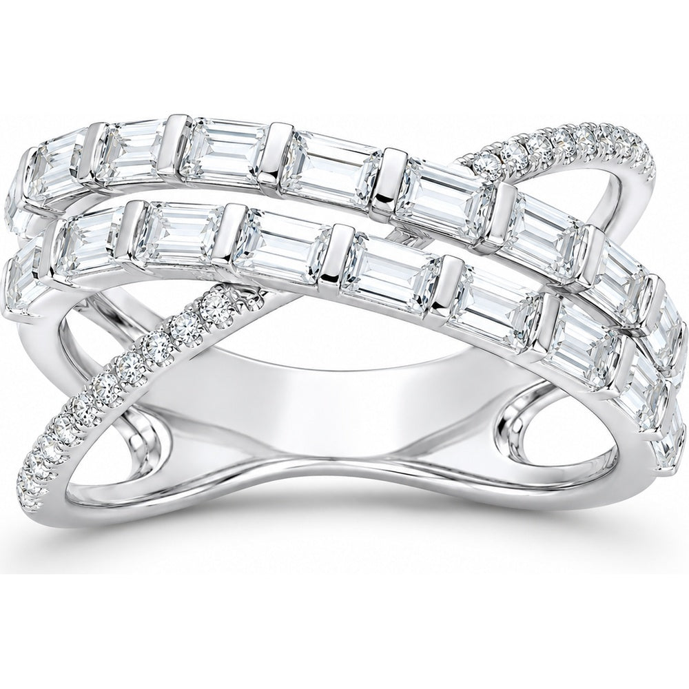 14K White Gold Free Form Crossover Ring with Bar Set Emerald Cut and Round Diamonds - 1.90 Carat Total Diamond Weight by Auriventus