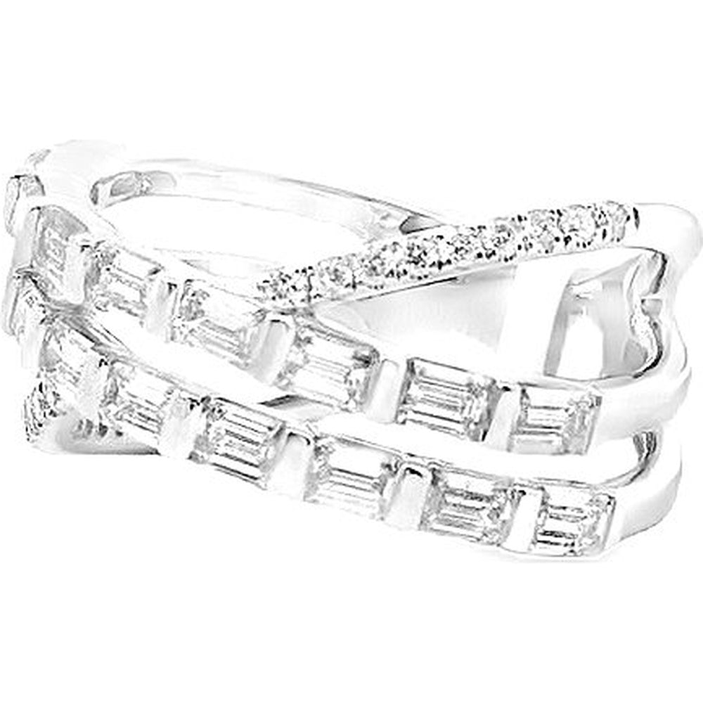 14K White Gold Free Form Crossover Ring with Bar Set Emerald Cut and Round Diamonds - 1.90 Carat Total Diamond Weight by Auriventus