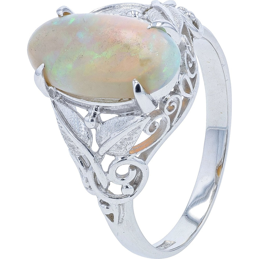 14K White Gold Free Form Oval Opal Ring with Filigree Prong Setting