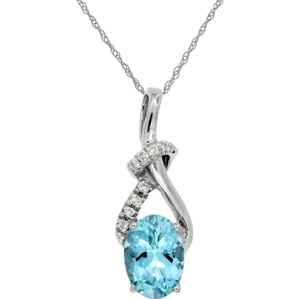 14K White Gold Free-Form Pendant with Oval Aquamarine and Round Diamond Accents - 0.70 Carat Aquamarine and 0.06 Carat Total Diamond Weight - Royal Jewelry