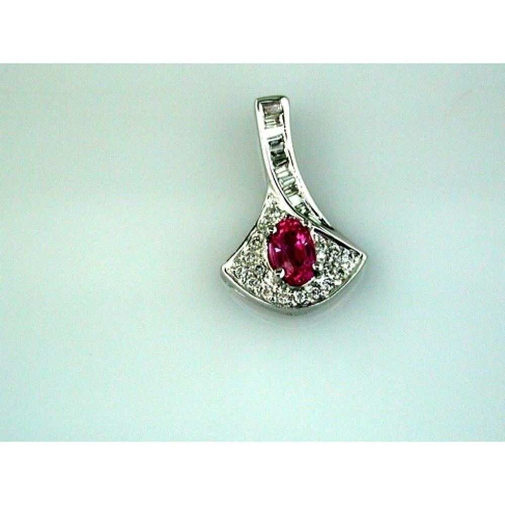 14K White Gold Free Form Pendant with Oval Pink Sapphire and Baguette Diamond Accents - 0.30 Carat Pink Sapphire and 0.15 Carat Diamond Weight - Royal Jewelry