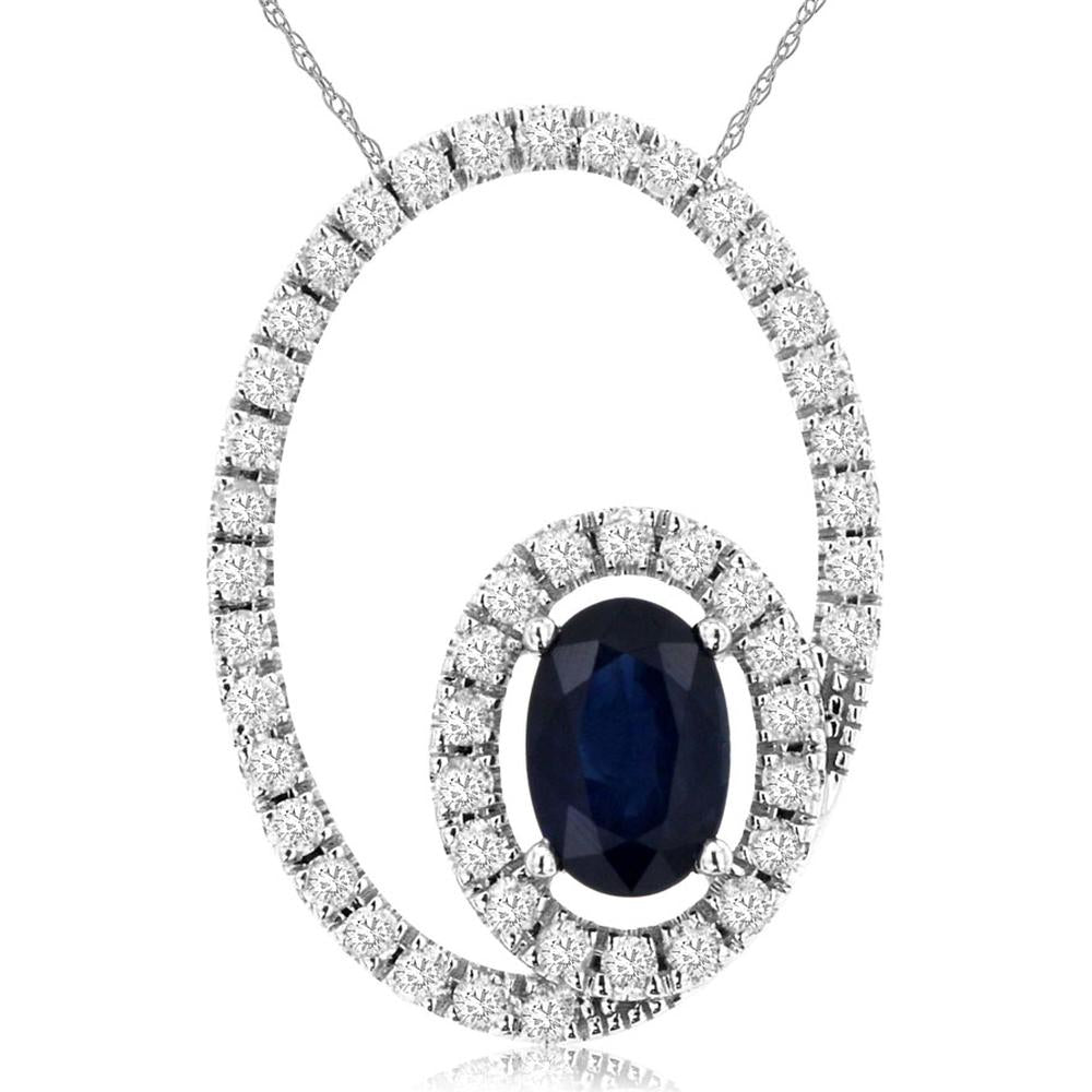 14K White Gold Free-Form Pendant with Prong-Set Oval Sapphire and Diamond Accents - 0.65 Carat Sapphire & 0.33 Carat Total Diamond Weight - Royal Jewelry