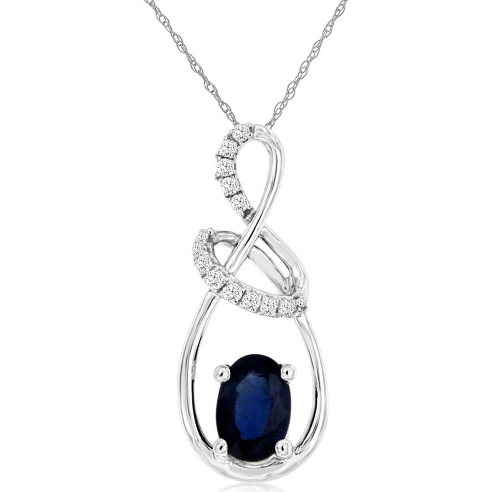14K White Gold Free-Form Pendant with Prong-Set Oval Sapphire and Round Diamond Accents - 0.65 Carat Sapphire & 0.08 Carat Total Diamond Weight - Royal Jewelry