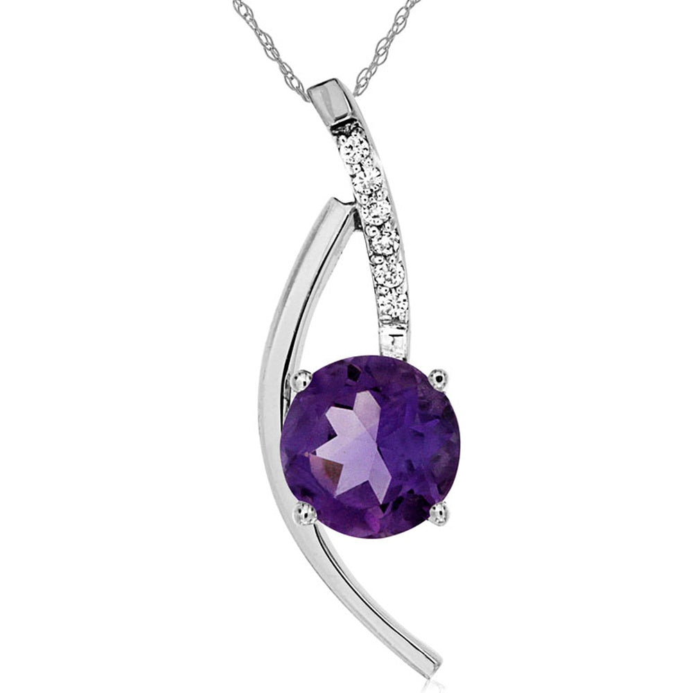 14K White Gold Free Form Pendant with Round Amethyst and Pavé Diamond Accents - 1.10 Carat Amethyst and 0.05 Carat Total Diamond Weight - Royal Jewelry