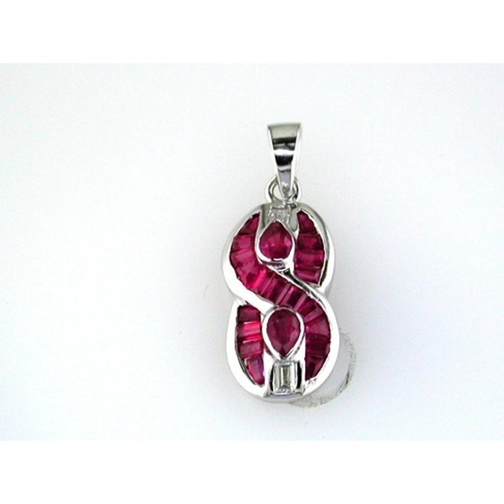 14K White Gold Free Form Pendant with Rubies and Baguette Diamonds - 1.25 Carat Total Ruby Weight, 0.06 Carat Total Diamond Weight - Royal Jewelry