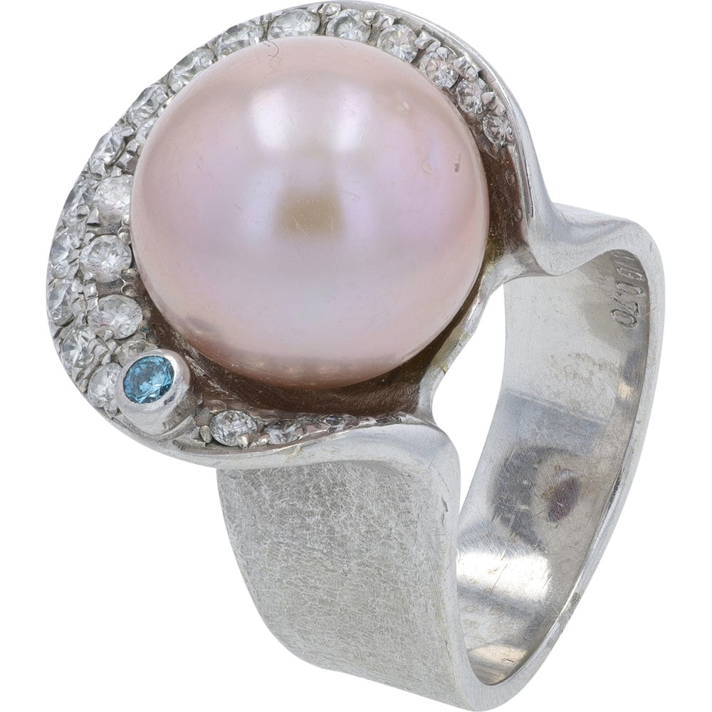 14K White Gold Free Form Ring with Pink Pearl, Diamond Halo Accents and Blue Gemstone - 0.70 Carat Total Diamond Weight