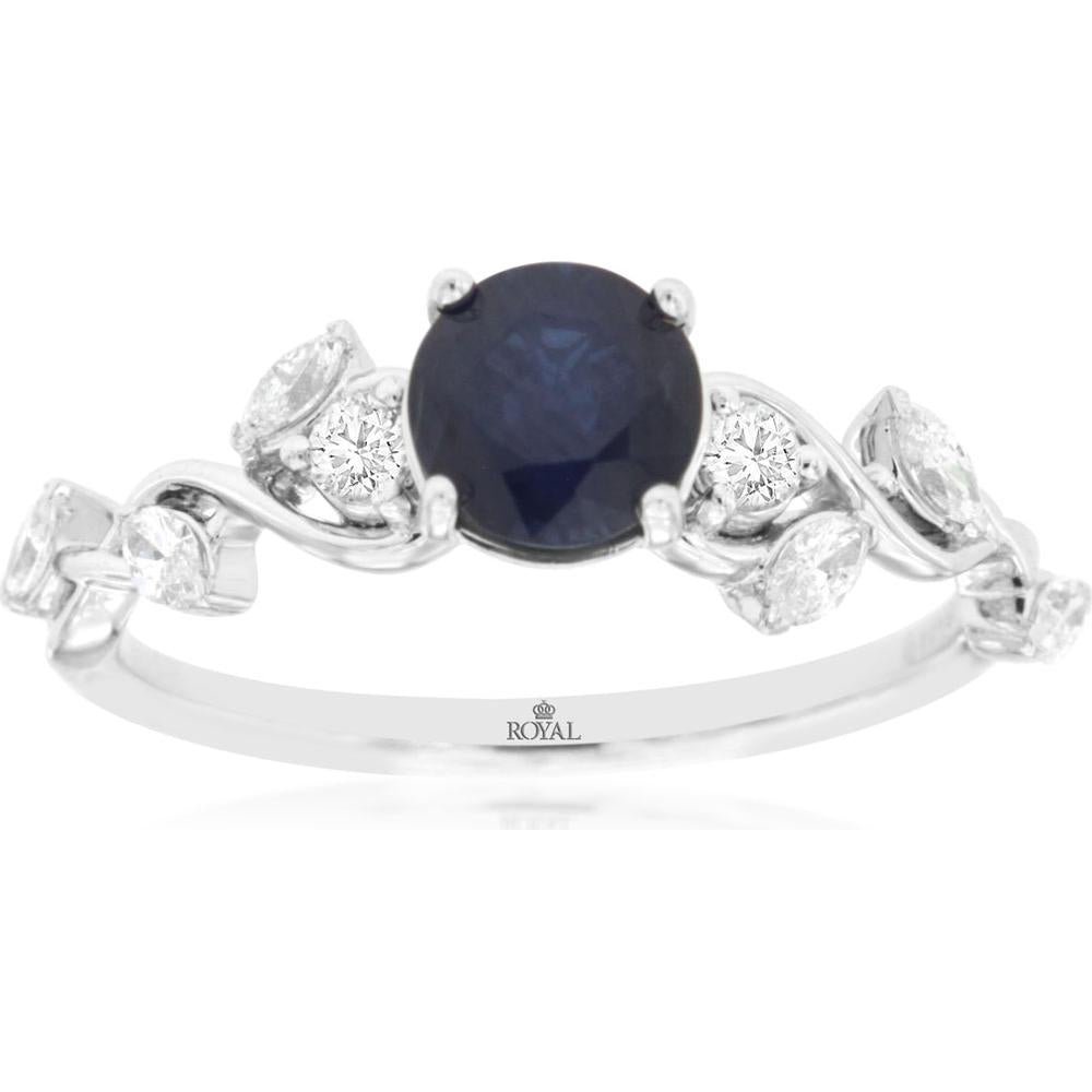 14K White Gold Free Form Ring with Prong-Set Oval Sapphire and Round & Marquise Diamonds - 1.10 Carat Sapphire and 0.33 Carat Total Diamond Weight - Royal Jewelry