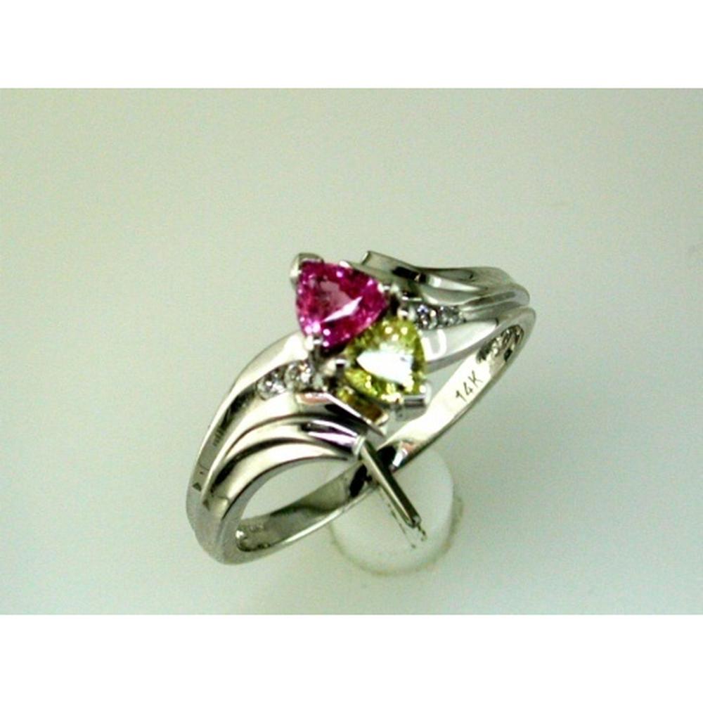 14K White Gold Free Form Ring with Trillion Cut Pink Sapphire (0.65 ct), Trillion Cut Yellow Sapphire (0.65 ct), and Round Diamond Accents (0.06 ct) - Royal Jewelry