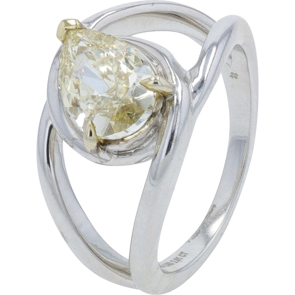 14K White Gold Free Form Split Shank Ring with 2.01 Carat Total Weight Pear Shaped Lab Grown Yellow Diamond