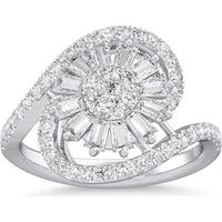 14K White Gold Free Form Swirl Ring with Round and Tapered Baguette Diamonds - 0.86 Carat Total Diamond Weight by Auriventus