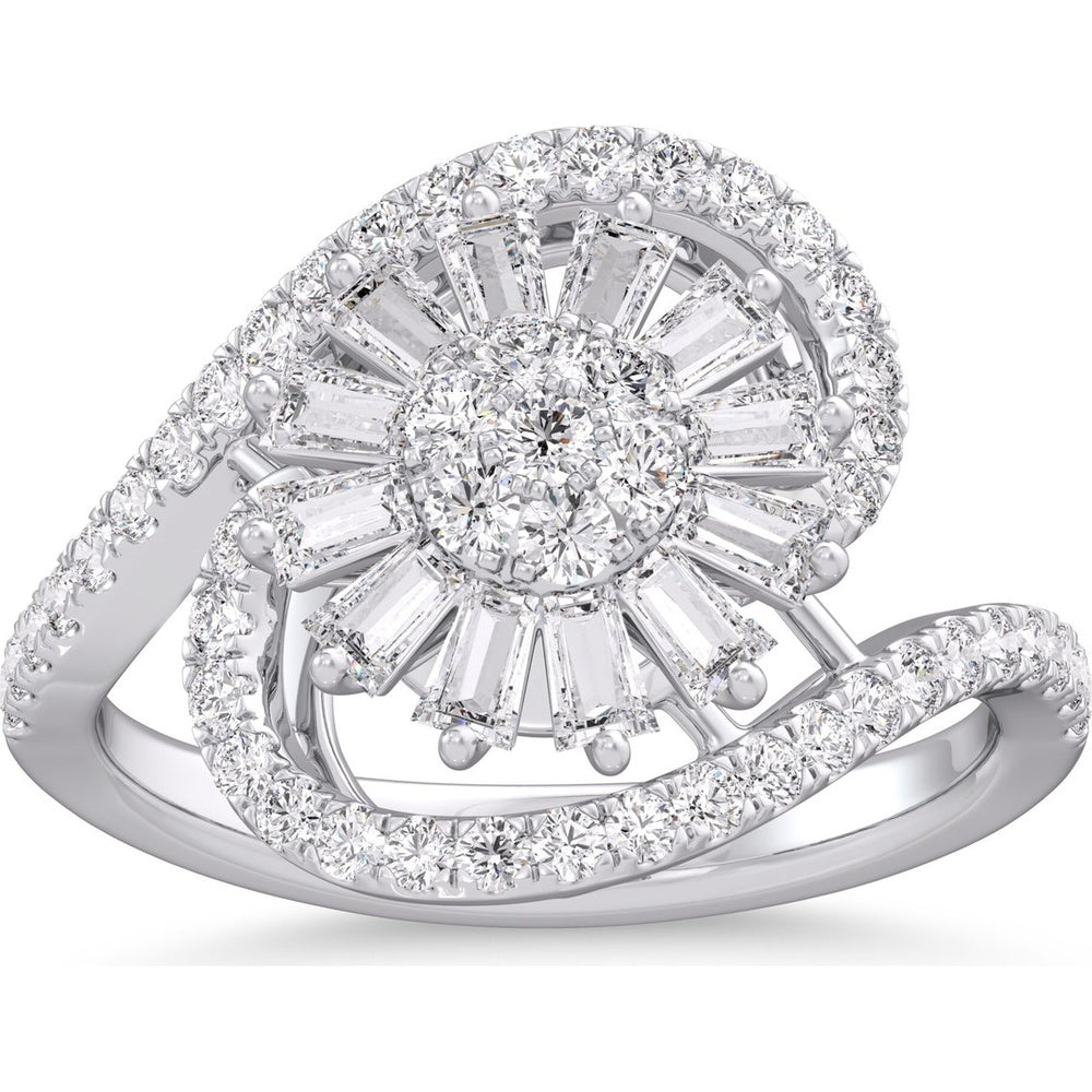 14K White Gold Free Form Swirl Ring with Round and Tapered Baguette Diamonds - 0.86 Carat Total Diamond Weight by Auriventus