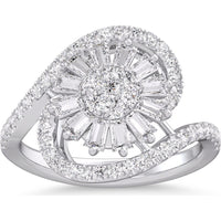 14K White Gold Free Form Swirl Ring with Round and Tapered Baguette Diamonds - 0.86 Carat Total Diamond Weight by Auriventus