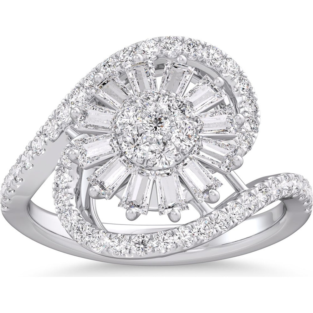 14K White Gold Free Form Swirl Ring with Round and Tapered Baguette Diamonds - 0.86 Carat Total Diamond Weight by Auriventus