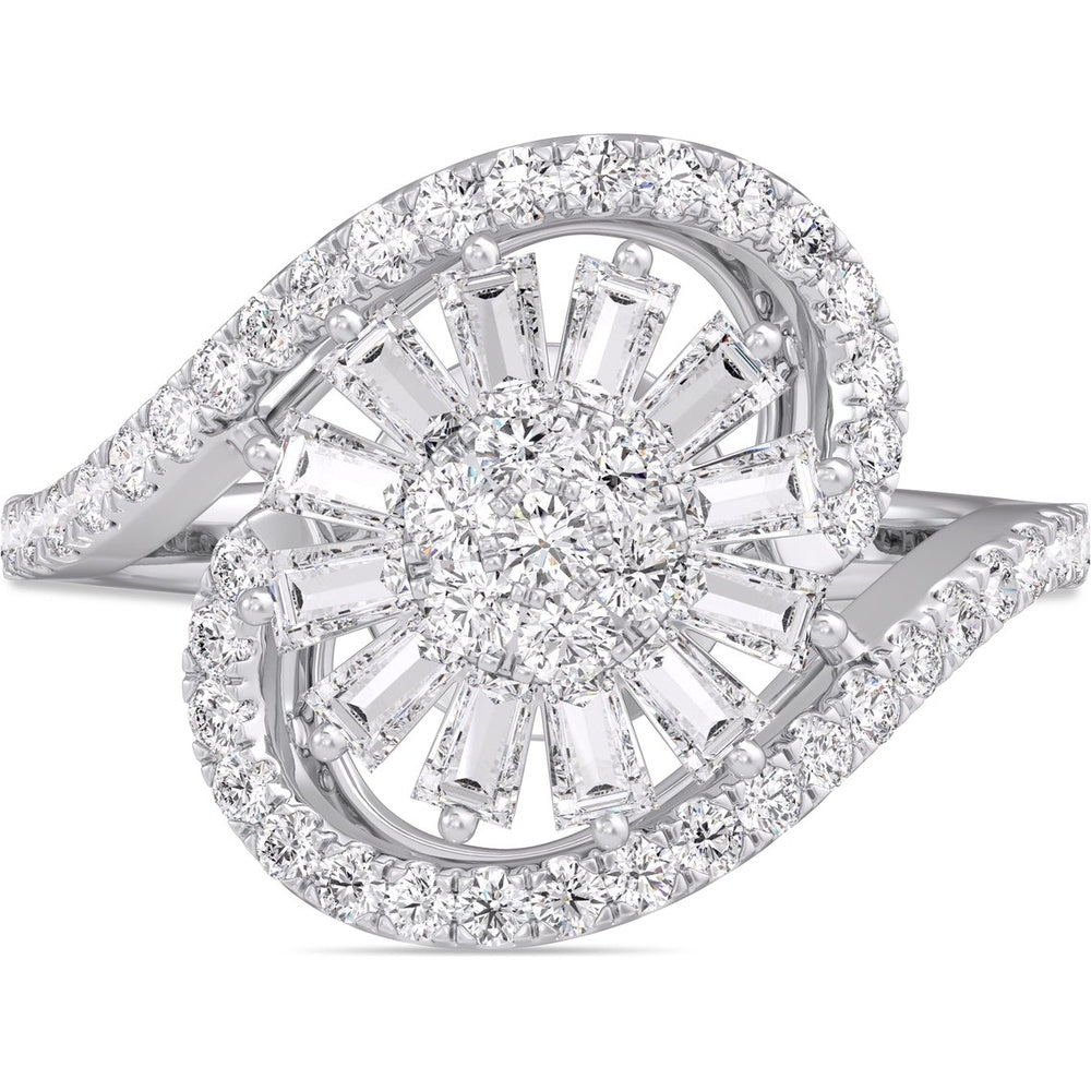 14K White Gold Free Form Swirl Ring with Round and Tapered Baguette Diamonds - 0.86 Carat Total Diamond Weight by Auriventus