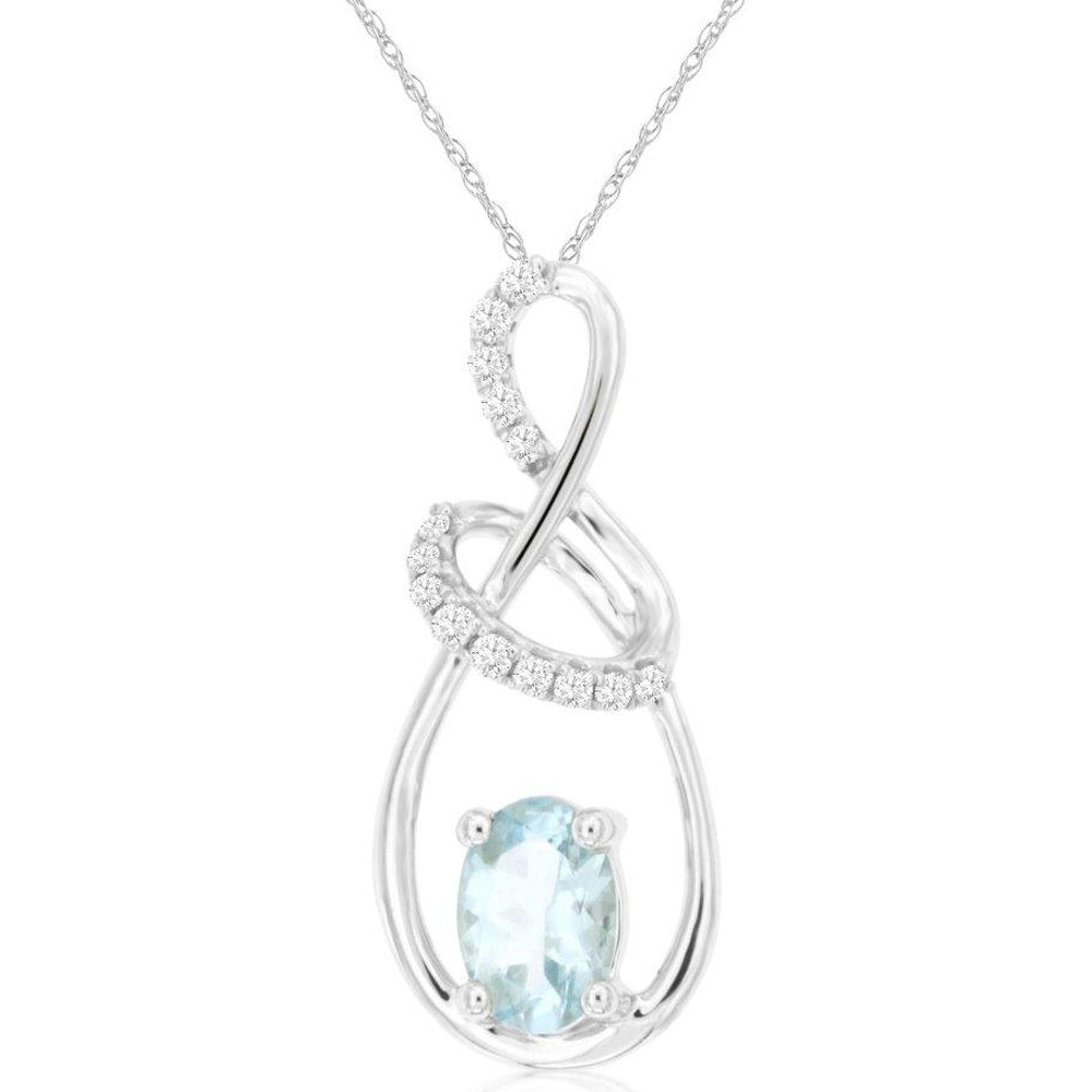 14K White Gold Free-Form Twist Pendant with Oval Aquamarine and Diamond Accents - 0.42 Carat Aquamarine and 0.08 Carat Total Diamond Weight - Royal Jewelry