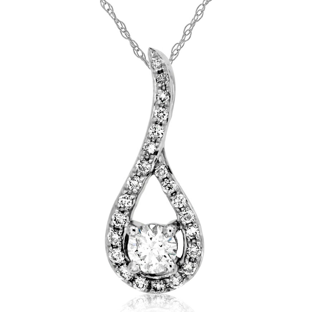 14K White Gold Free-Form Twist Pendant with Round Brilliant Center Diamond and Accented Sweeping Frame - 0.18 Carat Total Accent Diamond Weight - Royal Jewelry