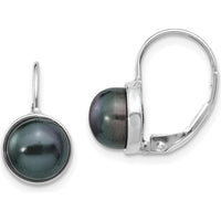 14K White Gold Freshwater Black Button Pearl Leverback Drop Earrings - 6-7mm by Monteluci Fine Jewelry