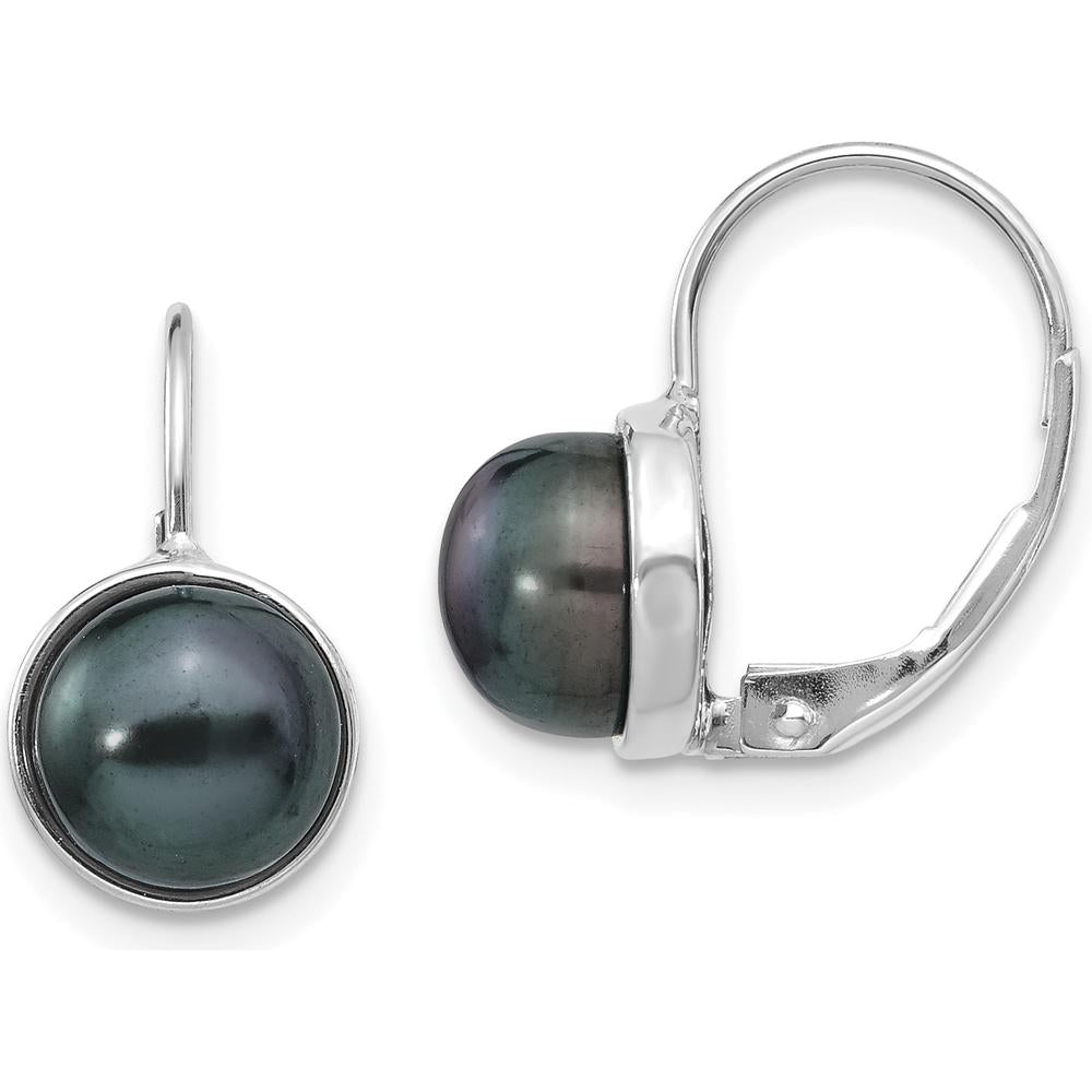 14K White Gold Freshwater Black Button Pearl Leverback Drop Earrings - 6-7mm by Monteluci Fine Jewelry