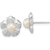 14K White Gold Freshwater Button Pearl Flower Post Earrings - 5-6mm Cultured Pearls by Monteluci Fine Jewelry