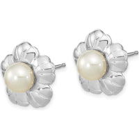 14K White Gold Freshwater Button Pearl Flower Post Earrings - 5-6mm Cultured Pearls by Monteluci Fine Jewelry