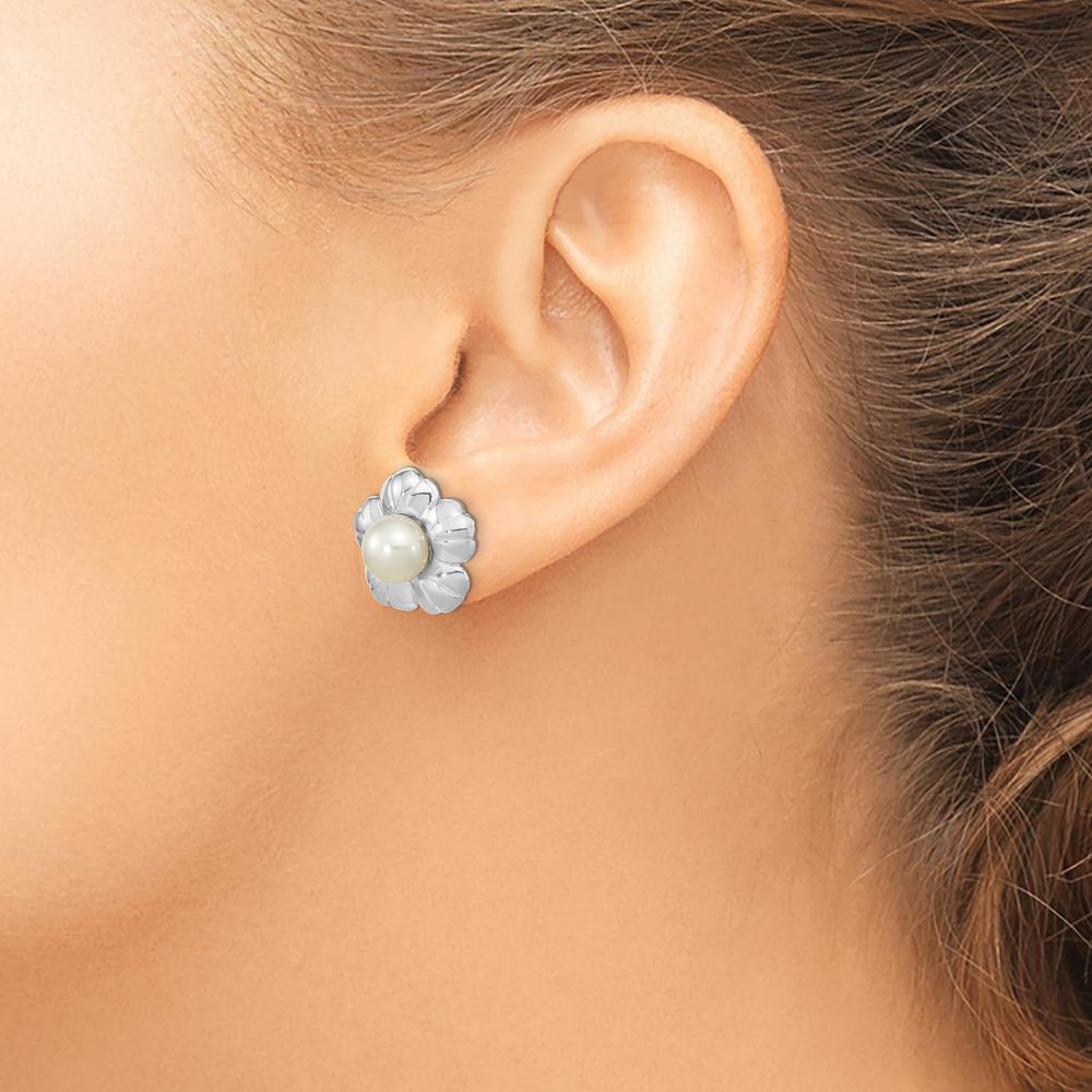 14K White Gold Freshwater Button Pearl Flower Post Earrings - 5-6mm Cultured Pearls by Monteluci Fine Jewelry