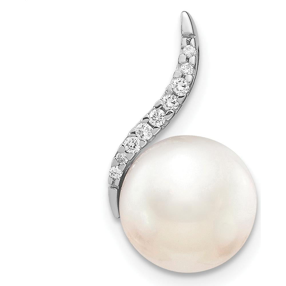 14K White Gold Freshwater Cultured Pearl and Diamond Chain Slide Pendant - 0.070 Carat Diamond Total Weight by Monteluci Fine Jewelry